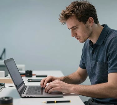 A professional shot of a technician in a modern Western European workspace examining a silver laptop for refurbishment. Clean background with muted blue and gray tones.