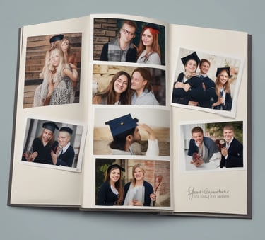 A person holding an open photo album featuring various photographs. The left page displays several small photos of landscapes and architectural structures organized in a grid. The right page shows a larger photo depicting a serene outdoor scene with trees and a river.