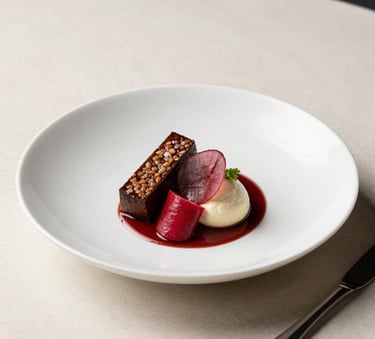 High-end Scandinavian style food photography of a gourmet artisanal dish in a European / French restaurant, minimalist off-white tabletop, professional lighting, deep red accents from fresh ingredients.