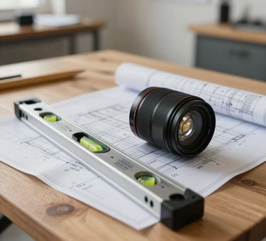 A close-up of professional architectural tools, including a metal spirit level and blueprints, resting on a clean wooden table in a bright Latin American design studio, soft natural light.