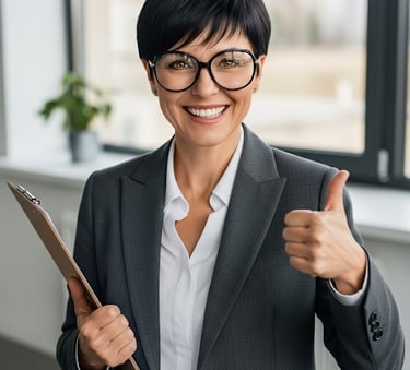 a female translator in a suit and glasses giving thumbs up