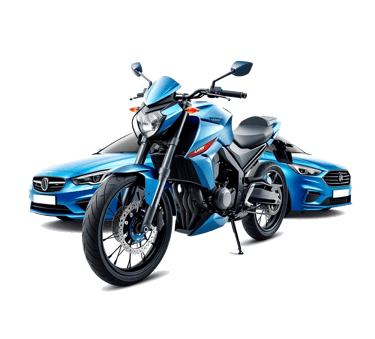 a blue motorcycle parked next to a blue car