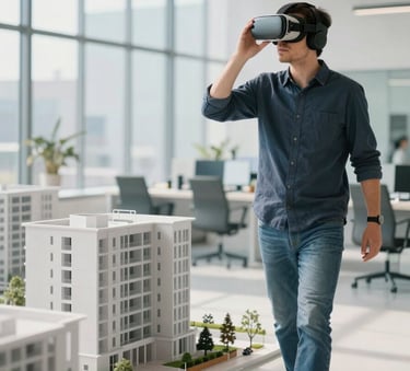 A high-end architectural firm where an architect is using a VR headset to walk through a digital building model. The scene is bright, with clean light blue and off white tones. International / Global.