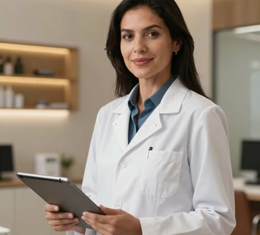 A professional portrait of a South American nutritionist in a sleek, modern clinical office, wearing a professional white coat, standing confidently with a digital tablet showing health charts, sophisticated lighting with beige and gold accents.