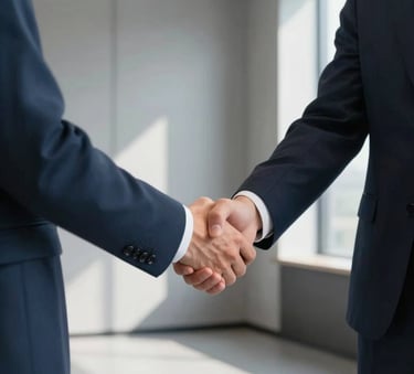 A professional handshake between two people in business attire within a sleek, minimalist meeting room. The color palette features steel blue and silver-grey, with bright natural light creating an atmosphere of successful partnership.