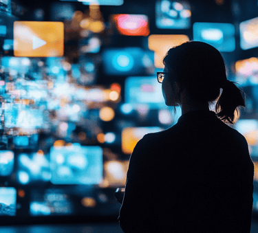 a woman in glasses looking at a television screen