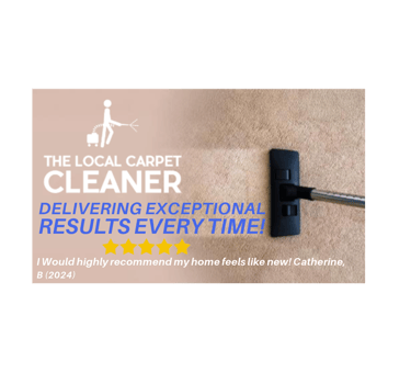 a carpeted area with a vacuum cleaner and company logo