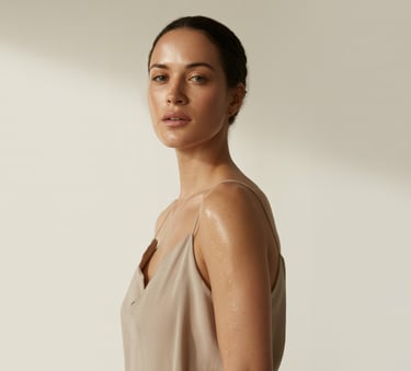 a woman in a tan top and jeans