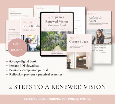 Digital book and companion journal for women over 40 featuring reflection prompts and life vision exercises.