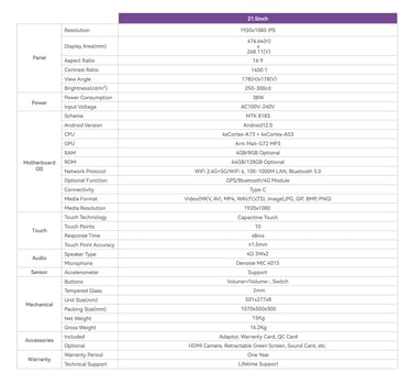 Specification of Movable Touchscreen Android Display
