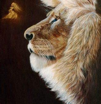 Lion side profile looking at a dancing girl