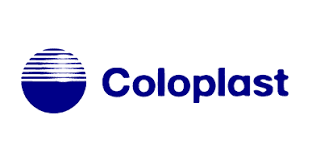 logo of blue circle with white lines of top half and the word coloplast on the right side