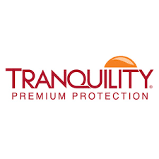 logo with tranquility premium protection in red writing and an orange sunrise behind