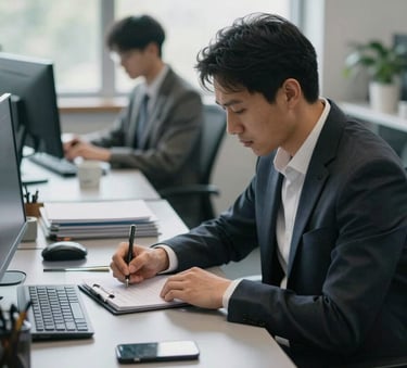 A focused shot of a professional at a clean desk in a US-based office, taking notes during a training session. Natural morning light, steel blue gray desk accessories, and a results-oriented atmosphere.