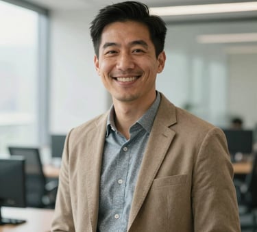 A professional portrait of an approachable person in business-casual attire, smiling warmly in a bright, modern North American office setting with soft, natural light.