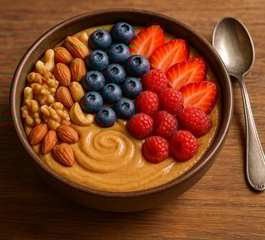 Healthy peanut butter smoothie bowl with nuts and berries showing recipe ideas