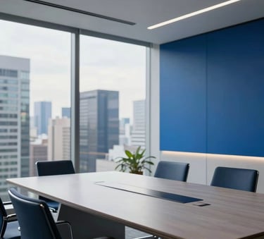 A high-end modern office setting in a South American / Brazilian corporate district, featuring a sleek conference table and minimalist decor in Alice Blue and Oxford Blue tones, soft morning light, professional photography style.