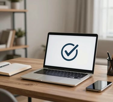 A clean, modern home office with a focus on a laptop displaying a checkmark icon, signifying security and screening, professional yet warm atmosphere, North American / culturally diverse.