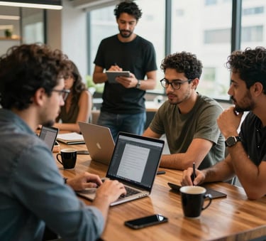 Behind-the-scenes shot of a creative marketing team in a modern São Paulo office. South American / Brazilian professionals planning social media content for the steakhouse. Natural light, professional yet relaxed mood, wooden table background.