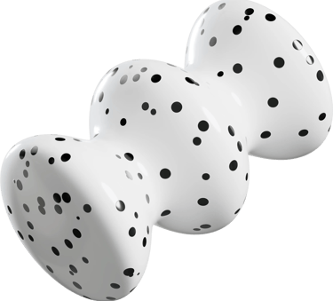 White 3D abstract blob sculpture with black polka dots isolated on a black background.