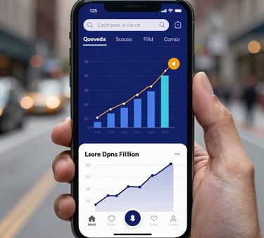 A close-up of a person holding a sleek smartphone in a North American / US urban setting, displaying dynamic social media growth charts, slate indigo background.