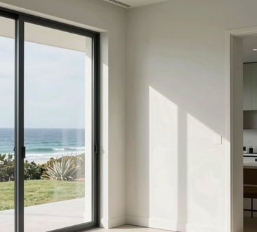 A sophisticated and bright Australian coastal home interior with clean lines, soft pale sage and off-white accents, reflecting a sense of calm and order.