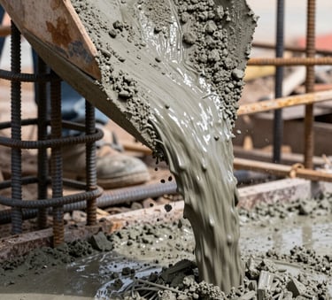 A close-up photograph of high-quality wet ready-mix concrete being poured into a foundation with steel reinforcements, South American / Peruvian construction site, natural daylight, sharp detail on the texture of the material.