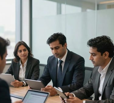 A candid shot of professional South Asian / Indian business consultants in a sleek, glass-walled conference room in Gurugram, engaged in a collaborative discussion over digital tablets, natural daylight, professional corporate atmosphere.