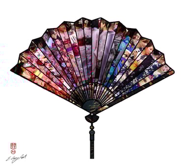 digital photo montage print, collage photography, travel enthusiast, kimono, Japan, women, pink purple, fan