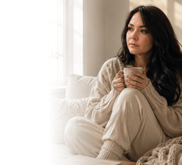 A pensive woman in a cozy sweater sits on a sofa holding a warm mug by a bright window.