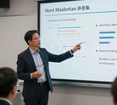 A professional educator in a high-tech training room in a North American corporate building, explaining concepts using a large interactive screen, capturing a mood of modern professionalism.