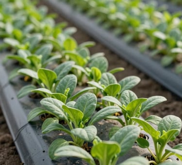 A close-up of vibrant green organic seedlings growing in structured, modern irrigation rows, North American farm setting, crisp morning sunlight, sage green and forest green tones, professional agricultural photography.