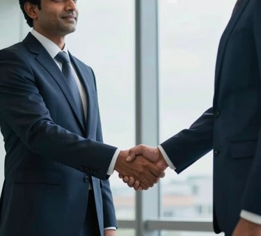 Photography of a professional handshake between two business executives in a high-end South Asian corporate office, soft daylight filtering through large windows, sophisticated atmosphere with dark blue and light blue tones.