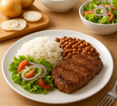 Bife grelhado servido com arroz branco, feijão marrom e salada fresca da horta em um prato branco.