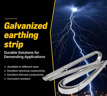 Galvanized earthing strip for electrical grounding with lightning strike background and product features list.