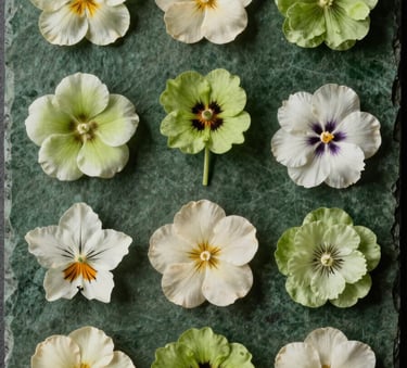 A top-down minimalist composition of various edible flowers in shades of pale green and cream, arranged on a deep green stone slab, high-end North American culinary photography.