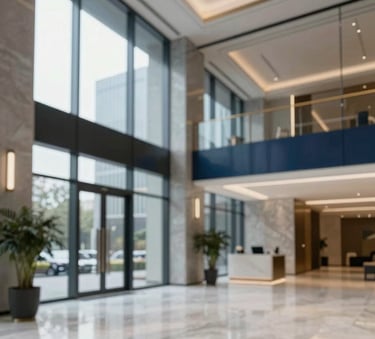 A wide-angle, high-end shot of a modern corporate lobby with floor-to-ceiling glass and marble floors. The lighting is sophisticated and clean, featuring a subtle navy blue and gold color palette in the decor.
