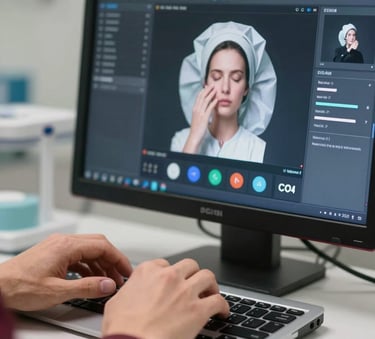 Close up of hands using a high-tech medical software interface on a desktop in a clean, professional North American / US hospital environment, soft lighting, accents of deep burgundy.