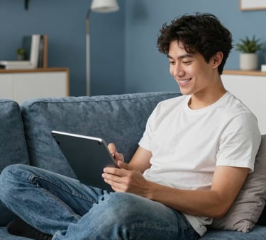 A relaxed person sitting on a comfortable sofa in a North American home setting, happily playing a game on a tablet. The room has a muted blue color scheme with modern, minimalist furniture and efficient lighting.