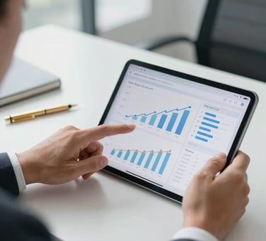 A close-up of a professional consultant's hands pointing at a tablet showing growth charts and market analysis, sitting in a bright, modern North American office with a gold pen nearby.