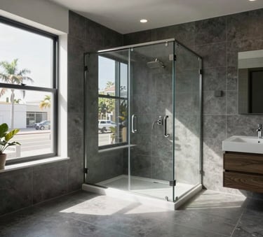 A professionally finished bathroom renovation in Los Angeles, featuring modern large-format dark gray tiles, a sleek glass shower door, and bright natural California light, wide angle photography.