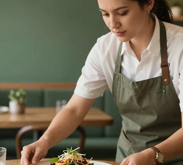 A close-up photograph of a professional social media manager in a North American bistro, expertly arranging a plate of farm-to-table food for a photoshoot, warm parchment lighting and matte forest green accents in the background.