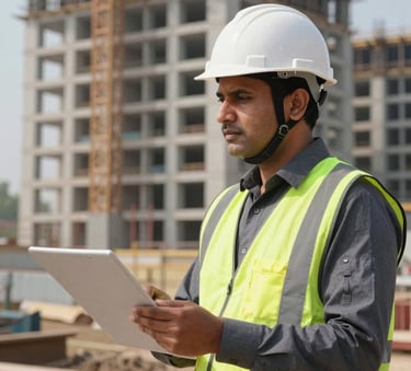 A South Asian / Indian professional in a safety helmet and reflective vest inspecting a modern construction site in Raipur, Chhattisgarh, bright daylight, professional atmosphere.
