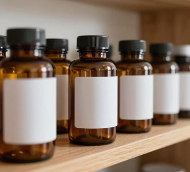 Close-up of amber glass vitamin bottles with minimalist labels arranged neatly on a wooden shelf in a bright North American home with soft morning light.