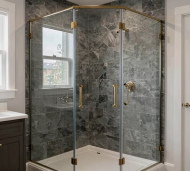 A professionally remodeled bathroom in a North American home featuring a glass walk-in shower with dark grey stone tiles and elegant brushed nickel hardware, bright and airy lighting.