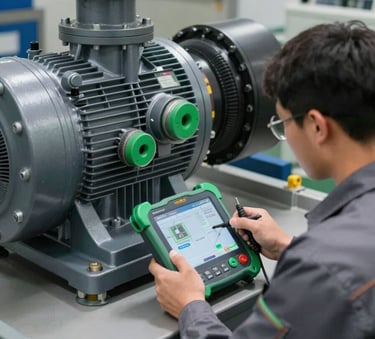 Professional technical inspection of a large industrial water pump system. A technician in a grey uniform is using a diagnostic tool, with technical green accent colors on the machinery.