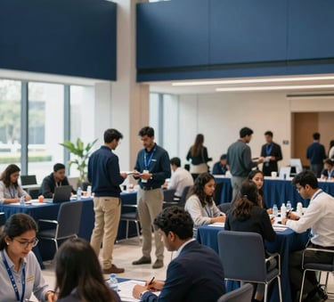 A wide-angle professional photograph of a bustling, modern job fair event in a South Asian / Indian corporate hall, featuring candidates interacting with recruiters, clean minimalistic layout with Navy Blue and Steel Blue accents, bright natural lighting.