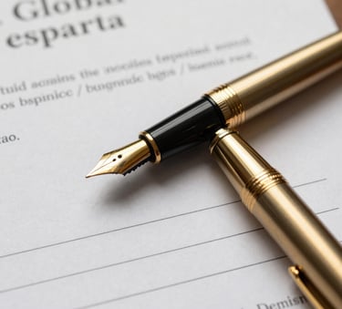 A close-up photograph of a high-end gold fountain pen resting on a crisp white legal document. The lighting is warm and directional, highlighting the metallic texture and the sophisticated atmosphere of a professional office. Global / Spanish-speaking context.