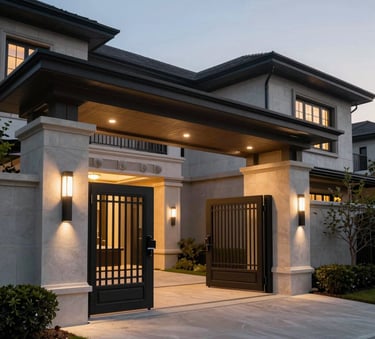 The exterior of a luxury North American residence featuring a modern gated entrance and visible high-tech surveillance cameras, dusk lighting.