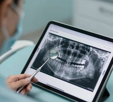 Close-up of a professional dental mirror and a modern tablet displaying a clear dental X-ray, sterile clinical environment in a South American clinic, soft professional lighting, shades of muted teal and light blue.